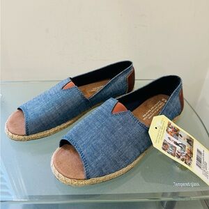 Toms Blue Denim Espadrille Peep-Toe Flats with Brown Accents